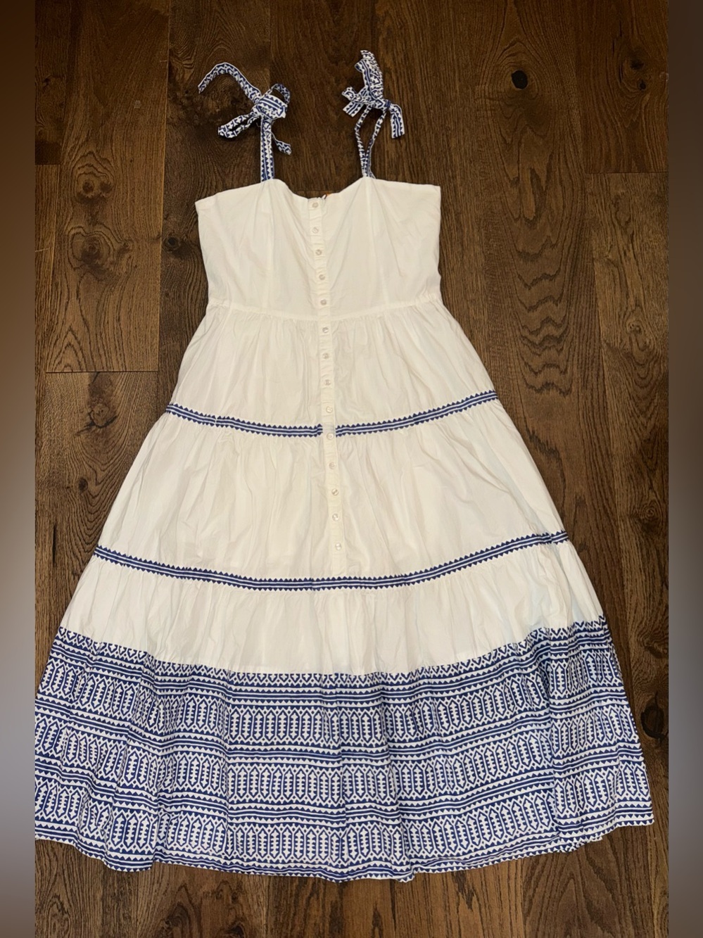 Oliphant Tie Strap Button Cotton Poplin Midi Dress in Mykonos Large - Picture 3 of 10
